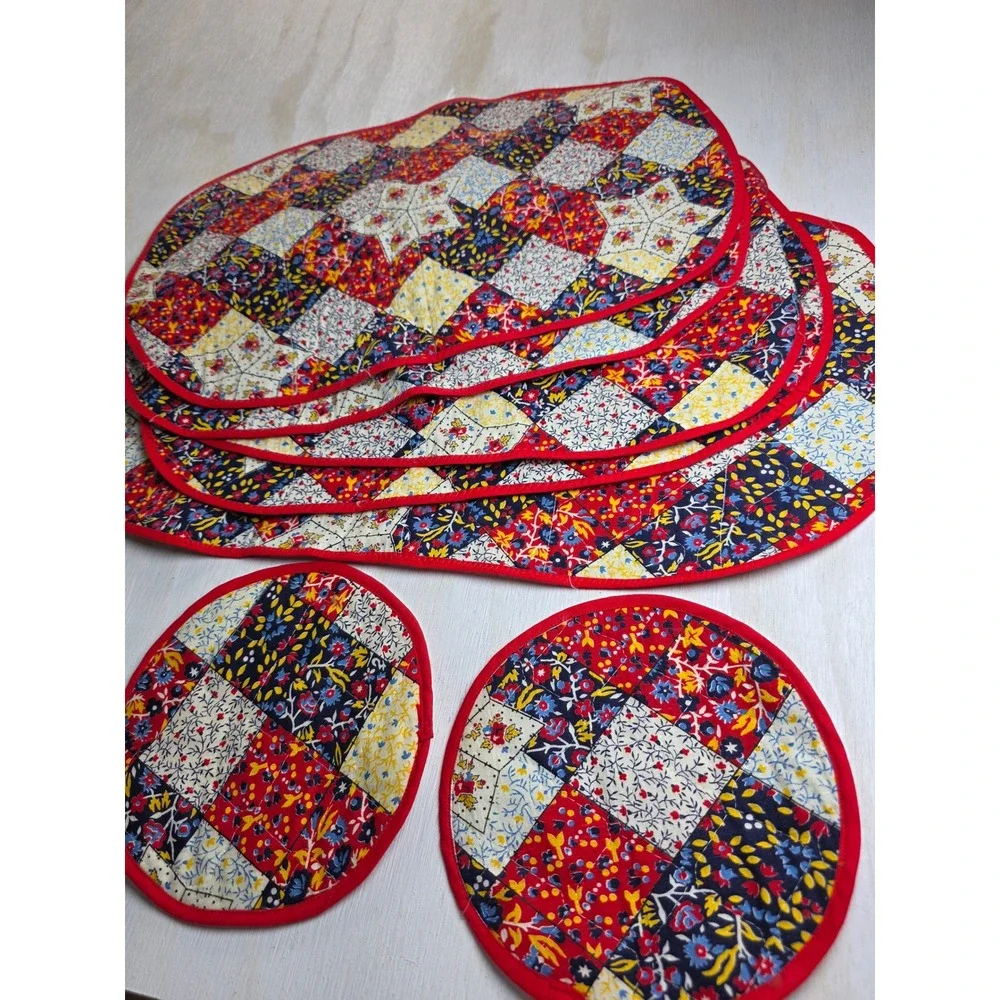 Vintage Handmade Quilted Patchwork Floral Placemats & Trivets Set 7 Red Boho